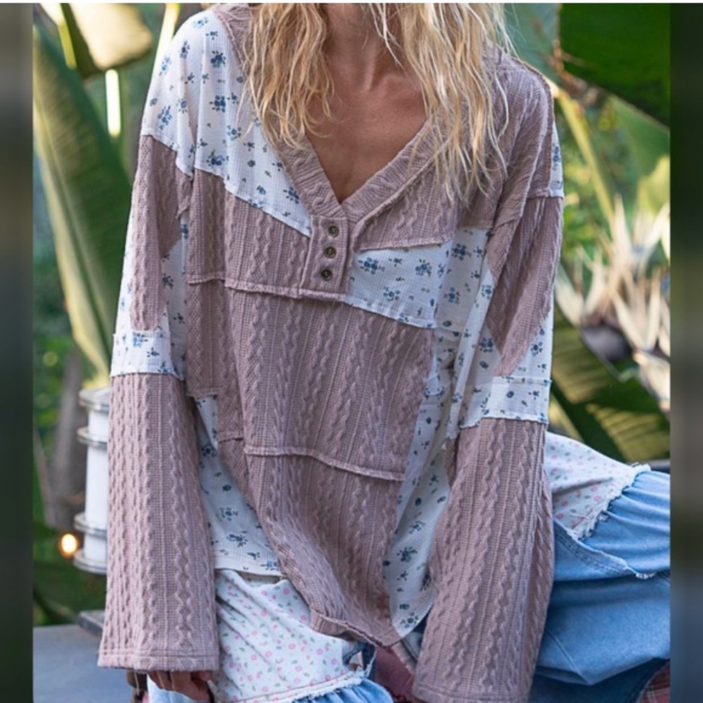 New POL cream/brown long sleeve top, cream with blue flowers